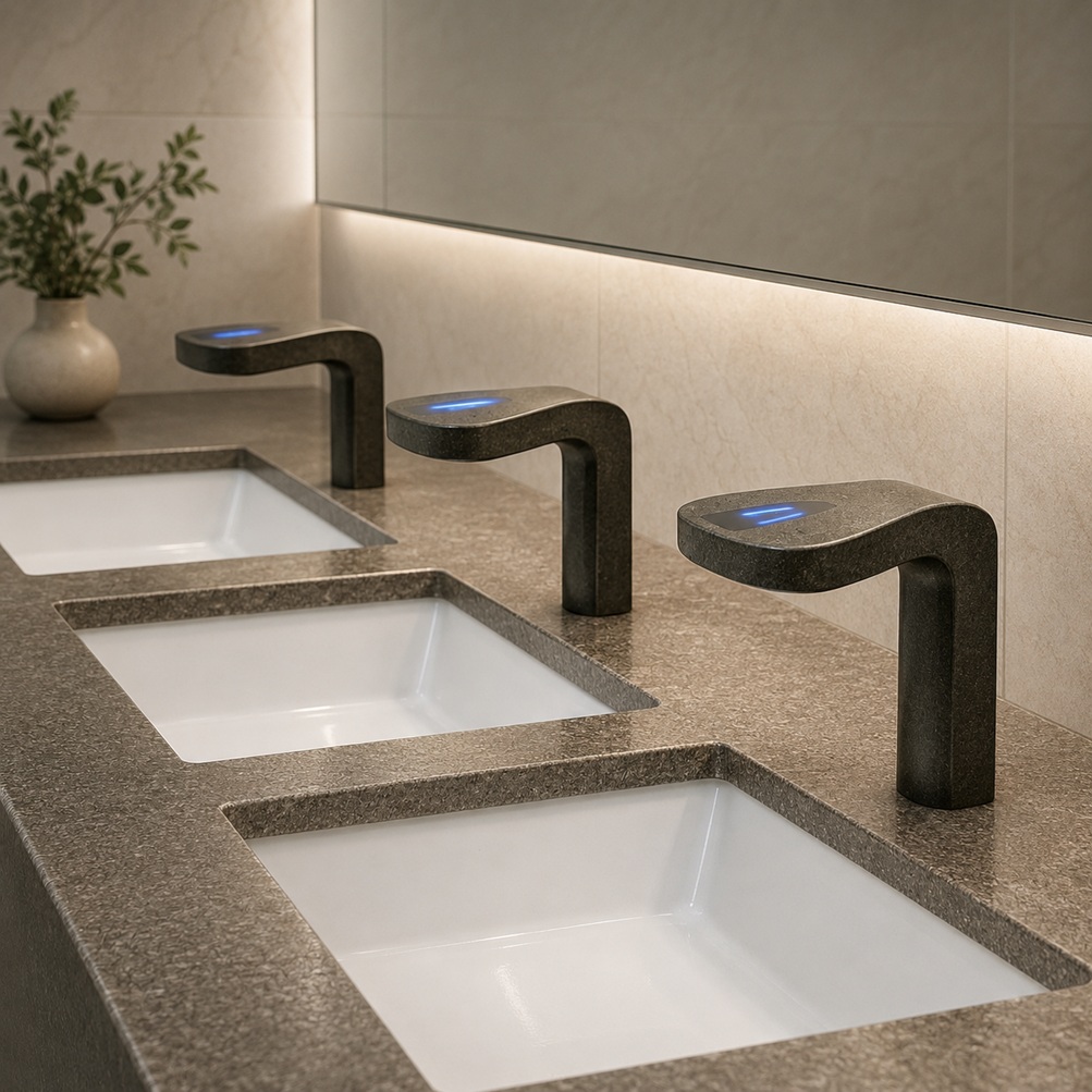 Graphite black LED touchless faucet model installed on a multi-station commercial restroom vanity with rectangular sinks and illuminated mirror backdrop